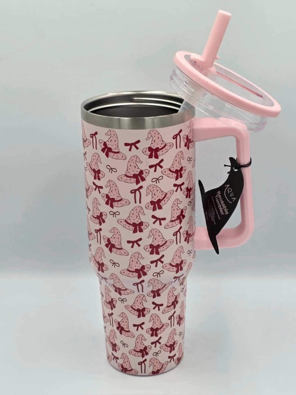 Aqua 40oz Stainless Steel Tumbler Pink & Red Witch Hat and Bows BNWT Viral cup